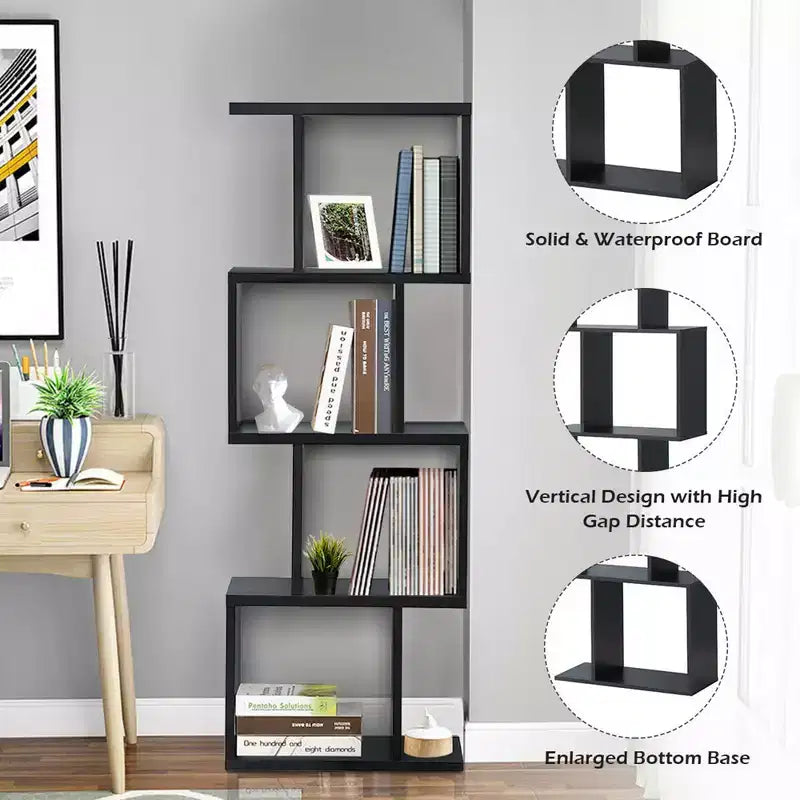 4-tier S-Shaped Bookcase Free Standing Storage Rack Wooden Display Decor Black