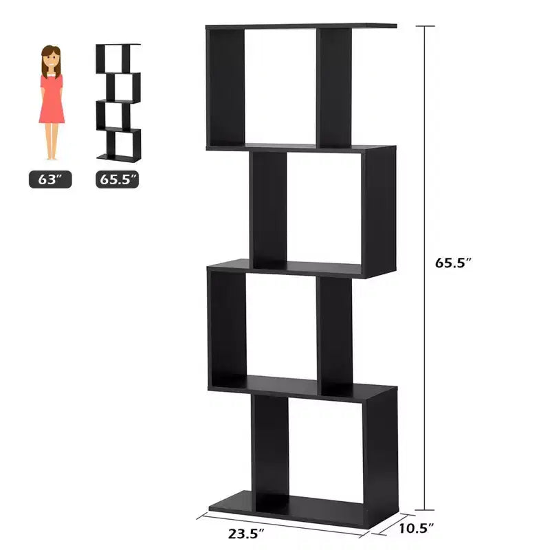4-tier S-Shaped Bookcase Free Standing Storage Rack Wooden Display Decor Black