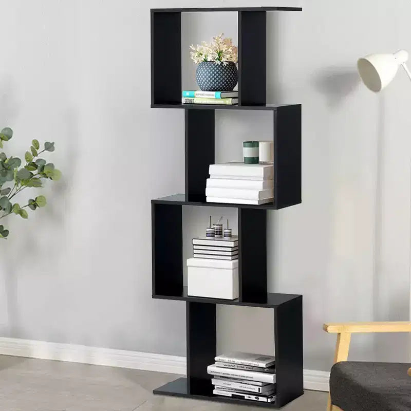 4-tier S-Shaped Bookcase Free Standing Storage Rack Wooden Display Decor Black