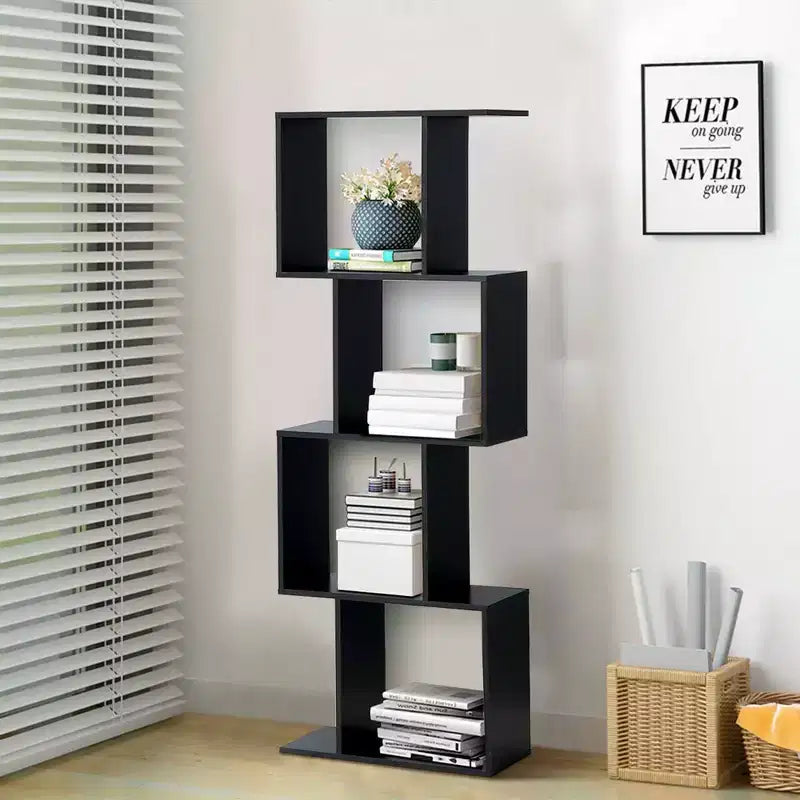 Costway 4-tier S-Shaped Bookcase Free Standing Storage Rack Wooden Display Decor Black