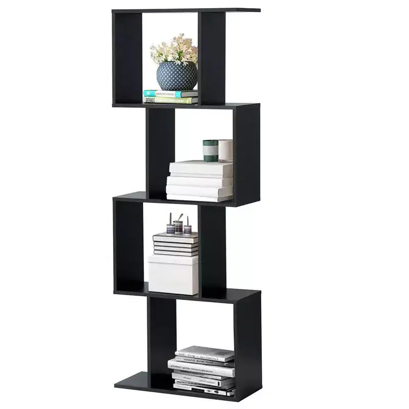 4-tier S-Shaped Bookcase Free Standing Storage Rack Wooden Display Decor Black