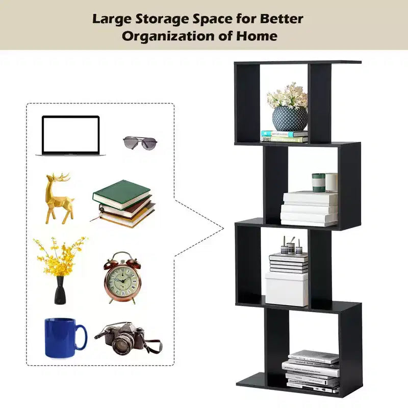 4-tier S-Shaped Bookcase Free Standing Storage Rack Wooden Display Decor Black