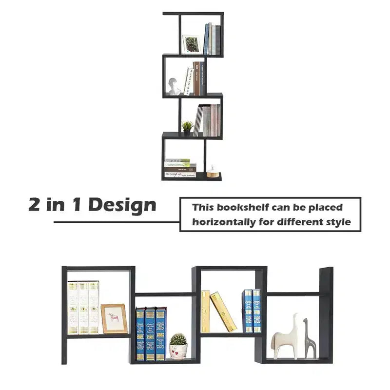 4-tier S-Shaped Bookcase Free Standing Storage Rack Wooden Display Decor Black