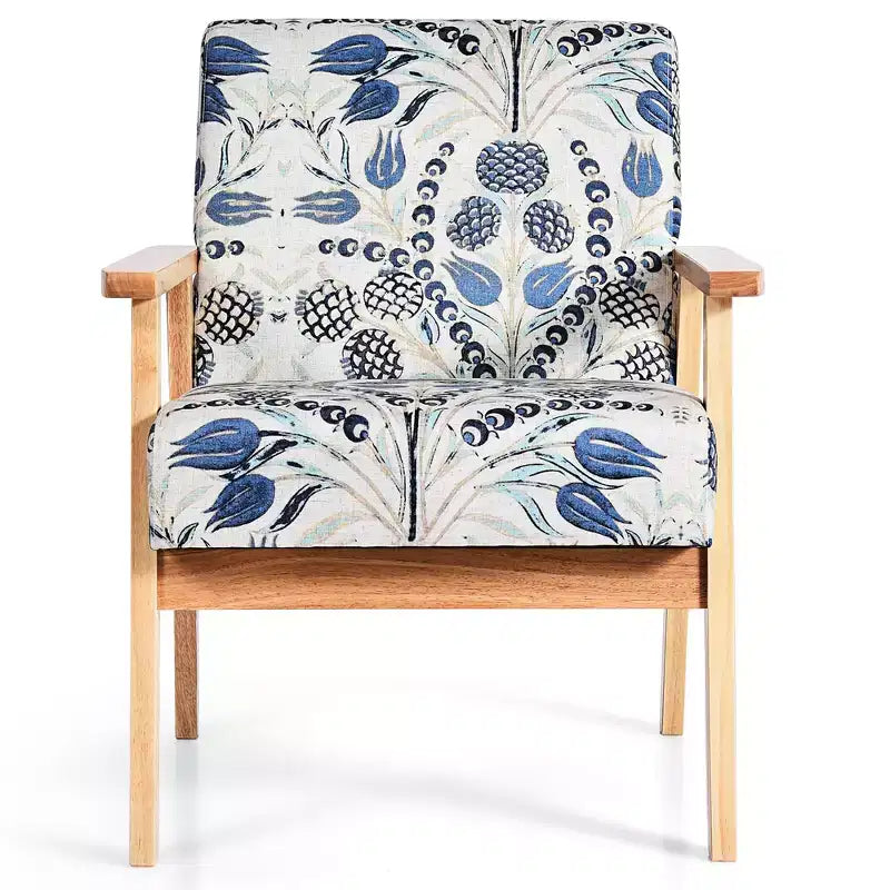 Modern Accent Armchair Upholstered Lounge Chair with Rubber Wood Legs, Yellow/Blue Floral
