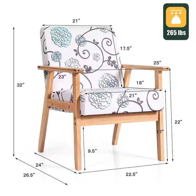 Modern Accent Armchair Upholstered Lounge Chair with Rubber Wood Legs, Yellow/Blue Floral