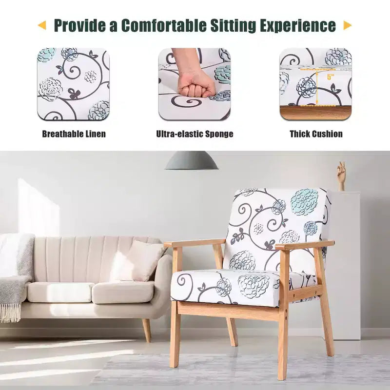 Modern Accent Armchair Upholstered Lounge Chair with Rubber Wood Legs, Yellow/Blue Floral