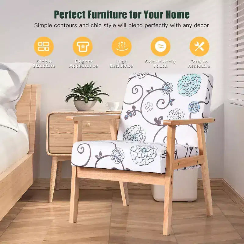 Modern Accent Armchair Upholstered Lounge Chair with Rubber Wood Legs, Yellow/Blue Floral