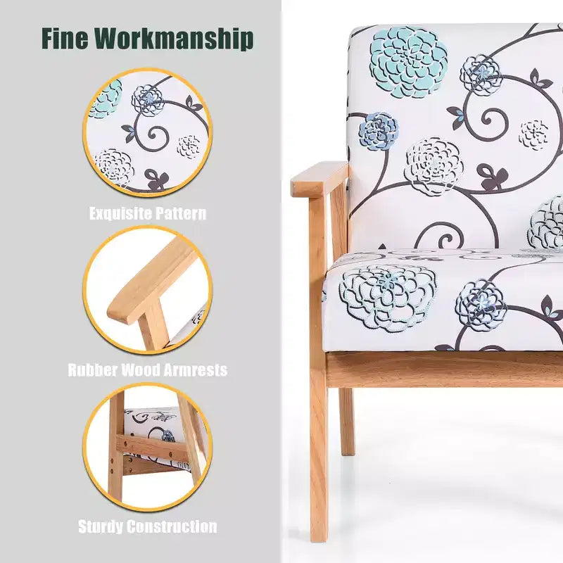 Modern Accent Armchair Upholstered Lounge Chair with Rubber Wood Legs, Yellow/Blue Floral