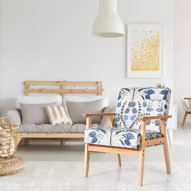 Modern Accent Armchair Upholstered Lounge Chair with Rubber Wood Legs, Yellow/Blue Floral