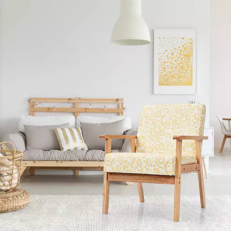 Modern Accent Armchair Upholstered Lounge Chair with Rubber Wood Legs, Yellow/Blue Floral