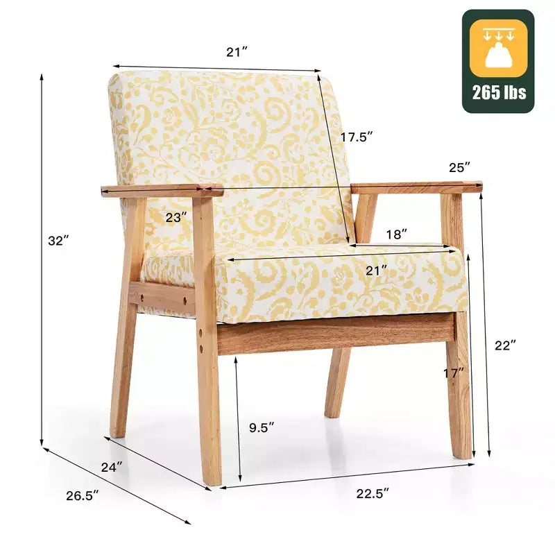 Modern Accent Armchair Upholstered Lounge Chair with Rubber Wood Legs, Yellow/Blue Floral