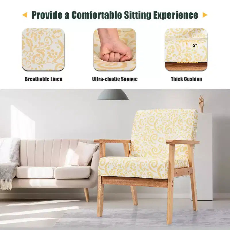Modern Accent Armchair Upholstered Lounge Chair with Rubber Wood Legs, Yellow/Blue Floral