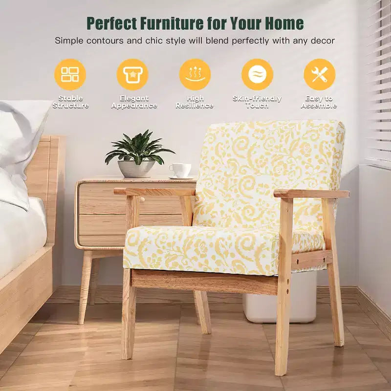 Modern Accent Armchair Upholstered Lounge Chair with Rubber Wood Legs, Yellow/Blue Floral