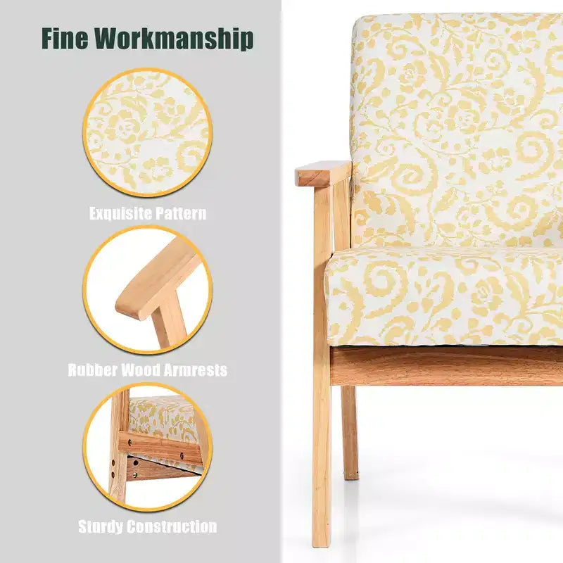 Modern Accent Armchair Upholstered Lounge Chair with Rubber Wood Legs, Yellow/Blue Floral