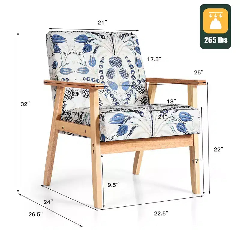 Modern Accent Armchair Upholstered Lounge Chair with Rubber Wood Legs, Yellow/Blue Floral
