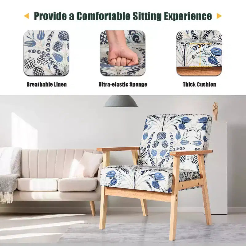Modern Accent Armchair Upholstered Lounge Chair with Rubber Wood Legs, Yellow/Blue Floral
