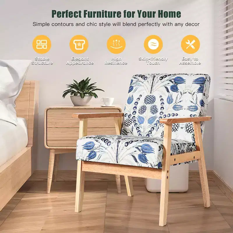 Modern Accent Armchair Upholstered Lounge Chair with Rubber Wood Legs, Yellow/Blue Floral