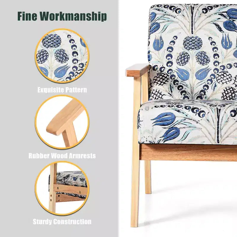 Modern Accent Armchair Upholstered Lounge Chair with Rubber Wood Legs, Yellow/Blue Floral