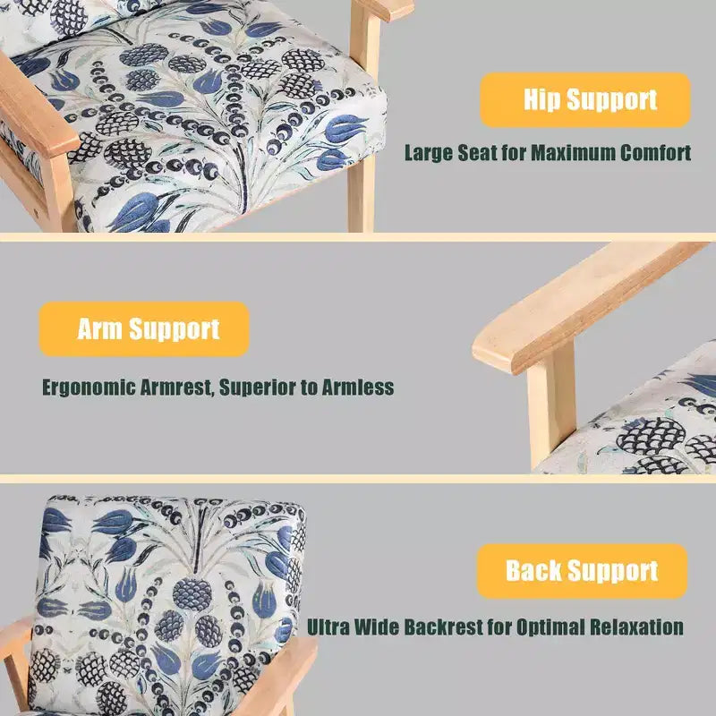 Modern Accent Armchair Upholstered Lounge Chair with Rubber Wood Legs, Yellow/Blue Floral